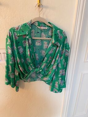 Zara Green Printed knotted Tie-Front Blouse